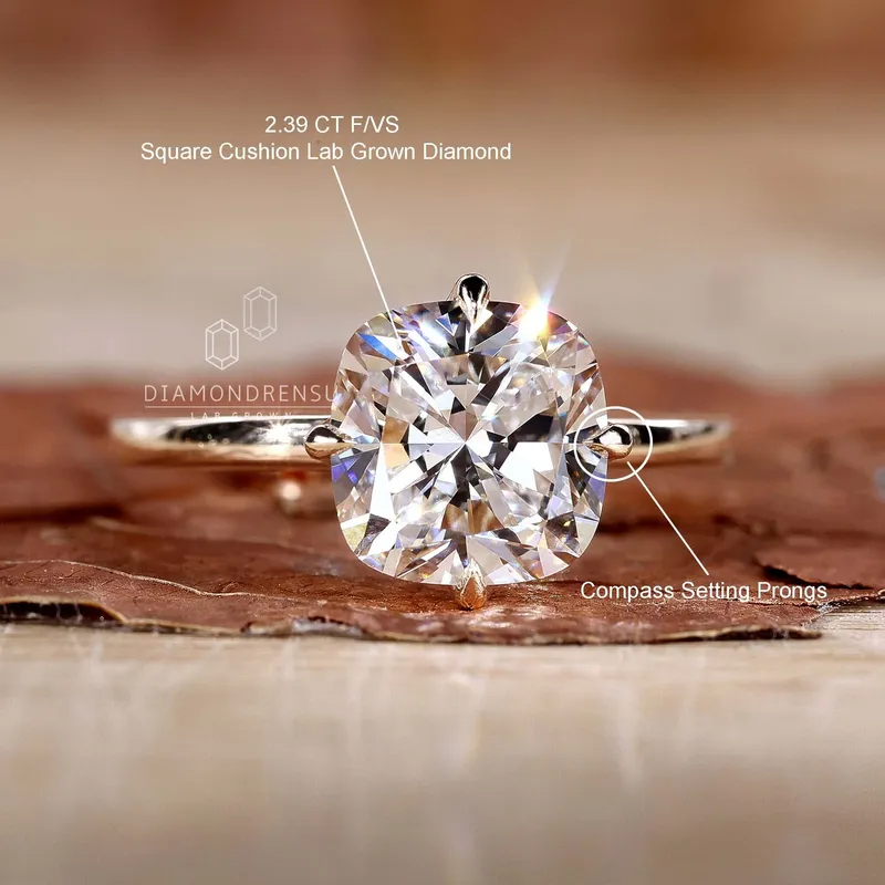 Cushion Cut Diamond Solitaire Engagement Ring with Compass Prongs view 9