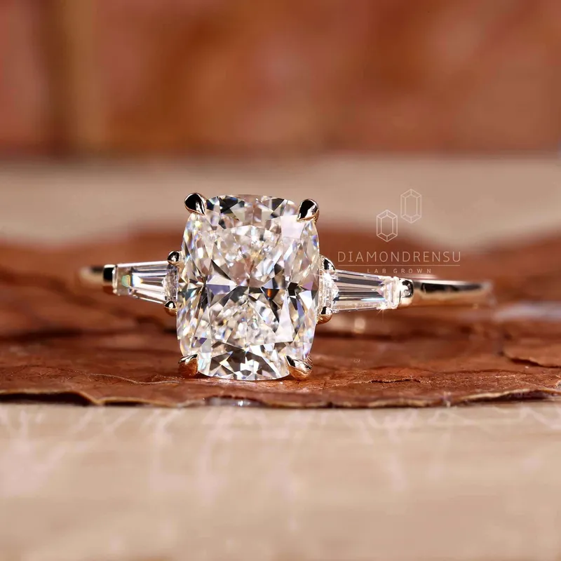Cushion Cut Lab Created Diamond Three Stones Engagement Ring for Women view 6