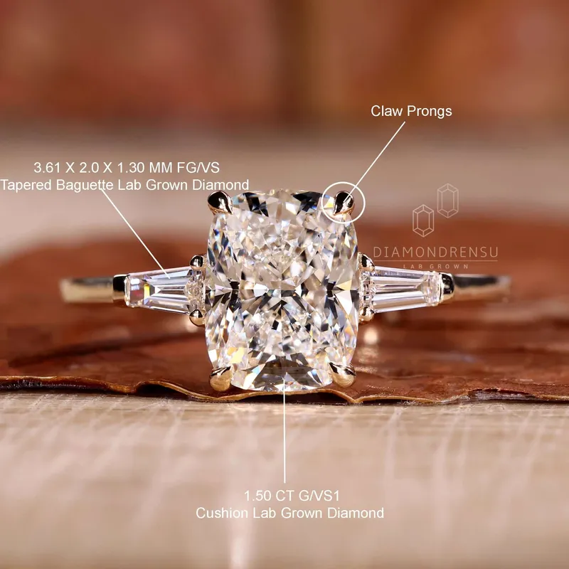 Cushion Cut Lab Created Diamond Three Stones Engagement Ring for Women view 9