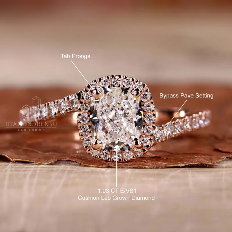 Cushion Cut Lab Grown Diamond Halo Engagement Ring for Women vy 9