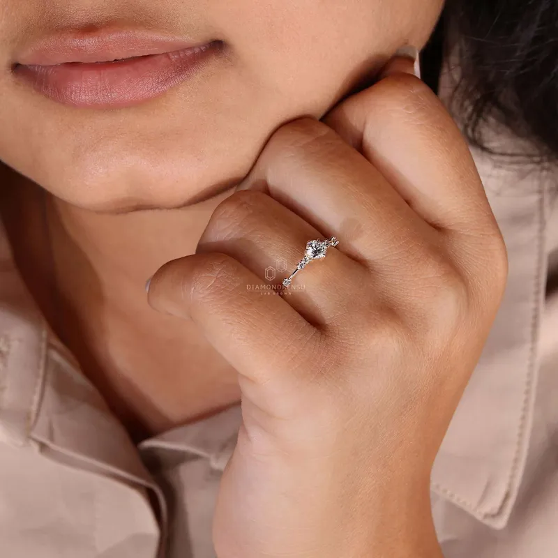 Distance Pave Engagement Ring, Round Lab Grown Diamond Wedding Ring vy 8