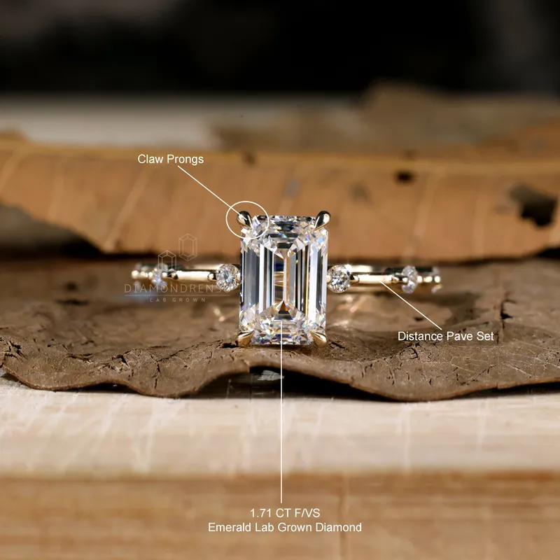 Distance Pave Set Lab Created Diamond Ring, 1.71 F/VS Emerald Cut Engagement Ring, IGI Certified Lab Diamond Ring vy 8