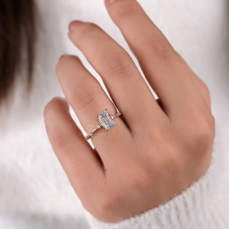 Distance Pave Set Lab Created Diamond Ring, 1.71 F/VS Emerald Cut Engagement Ring, IGI Certified Lab Diamond Ring vy 2