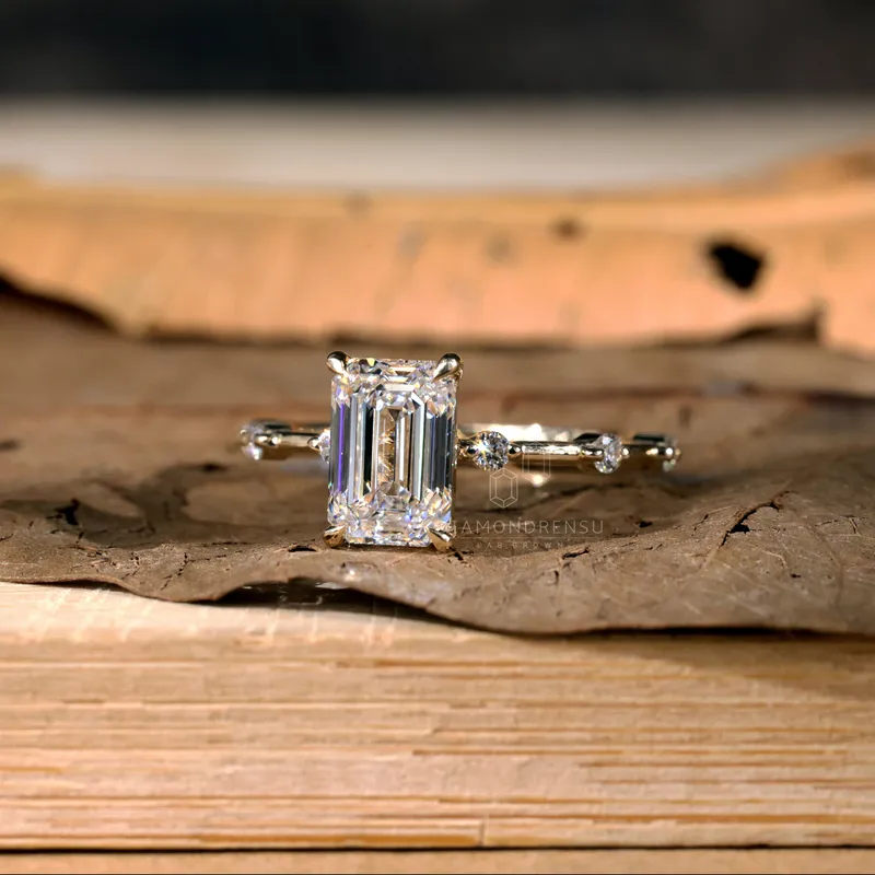 Distance Pave Set Lab Created Diamond Ring, 1.71 F/VS Emerald Cut Engagement Ring, IGI Certified Lab Diamond Ring vy 4