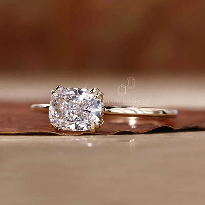 East to West Cushion Cut Lab Grown Diamond Solitaire Engagement Ring vy 2