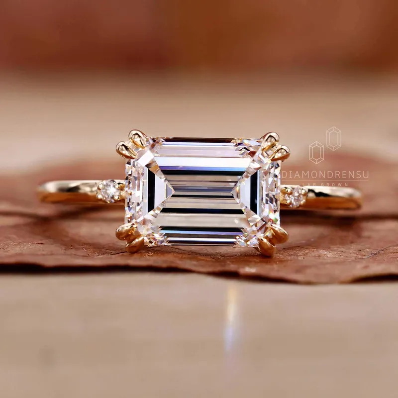 East to West Emerald Cut Lab Created Diamond Engagement Ring view 2