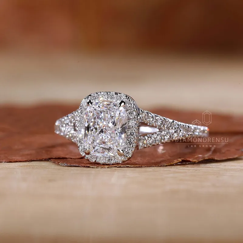 Elongated Cushion Cut Diamond Halo Engagement Ring view 2