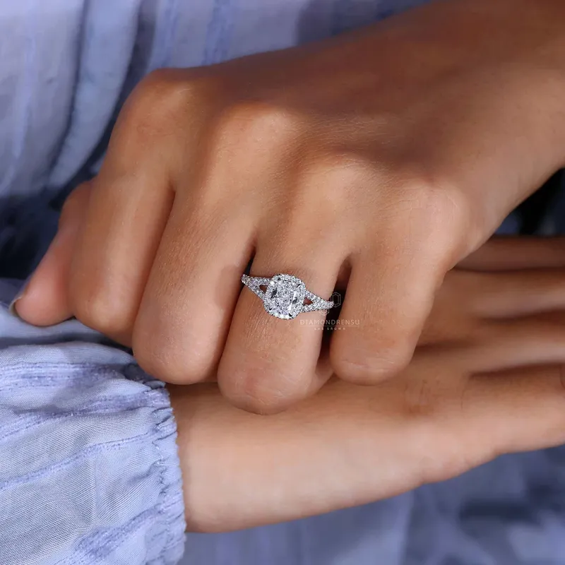 Elongated Cushion Cut Diamond Halo Engagement Ring view 4