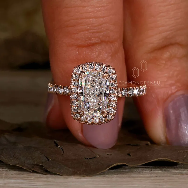 Elongated Cushion Cut Diamond Halo Engagement Ring vy 2
