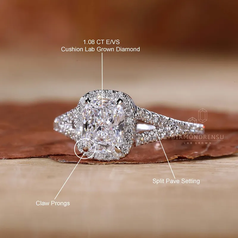 Elongated Cushion Cut Diamond Halo Engagement Ring view 9