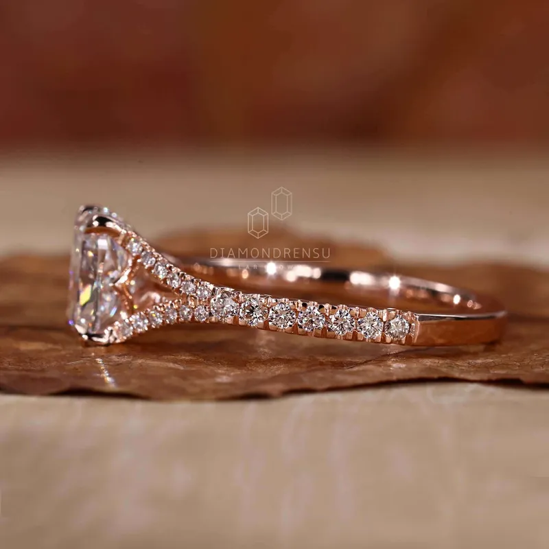 Elongated Cushion Cut Diamond Ring, Split Shank Pave Engagement Ring vy 5