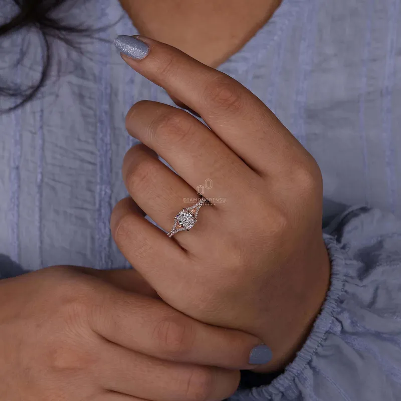Elongated Cushion Cut Diamond Ring, Split Shank Pave Engagement Ring vy 2