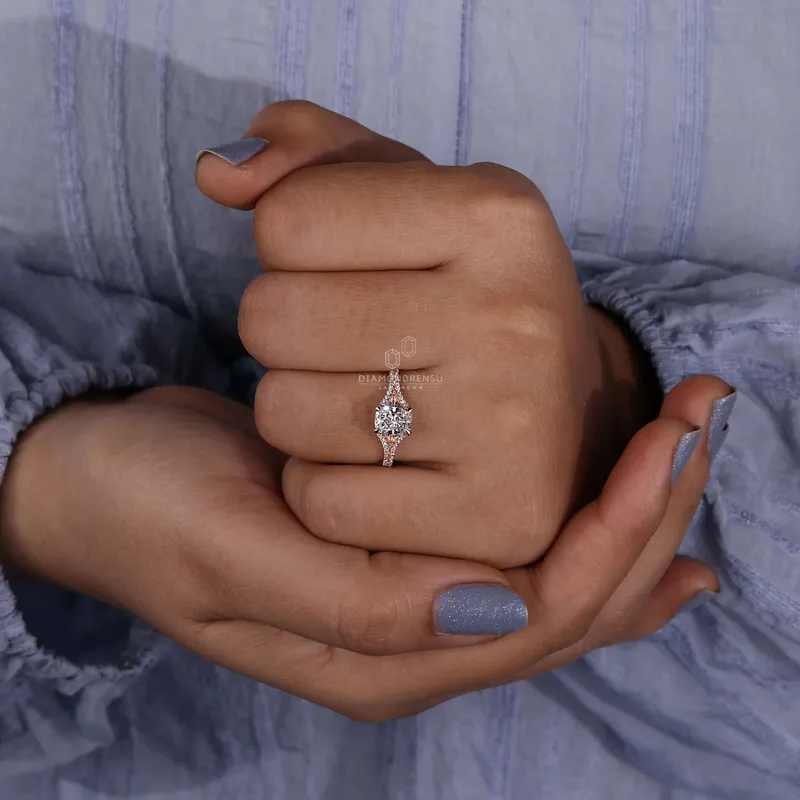 Elongated Cushion Cut Diamond Ring, Split Shank Pave Engagement Ring vy 4