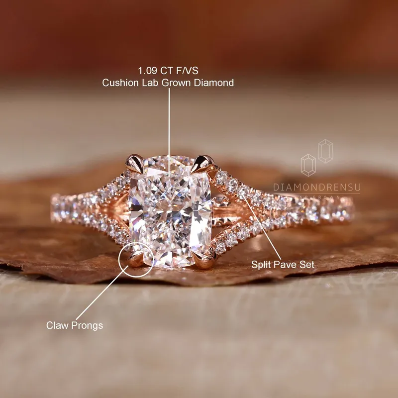 Elongated Cushion Cut Diamond Ring, Split Shank Pave Engagement Ring vy 9