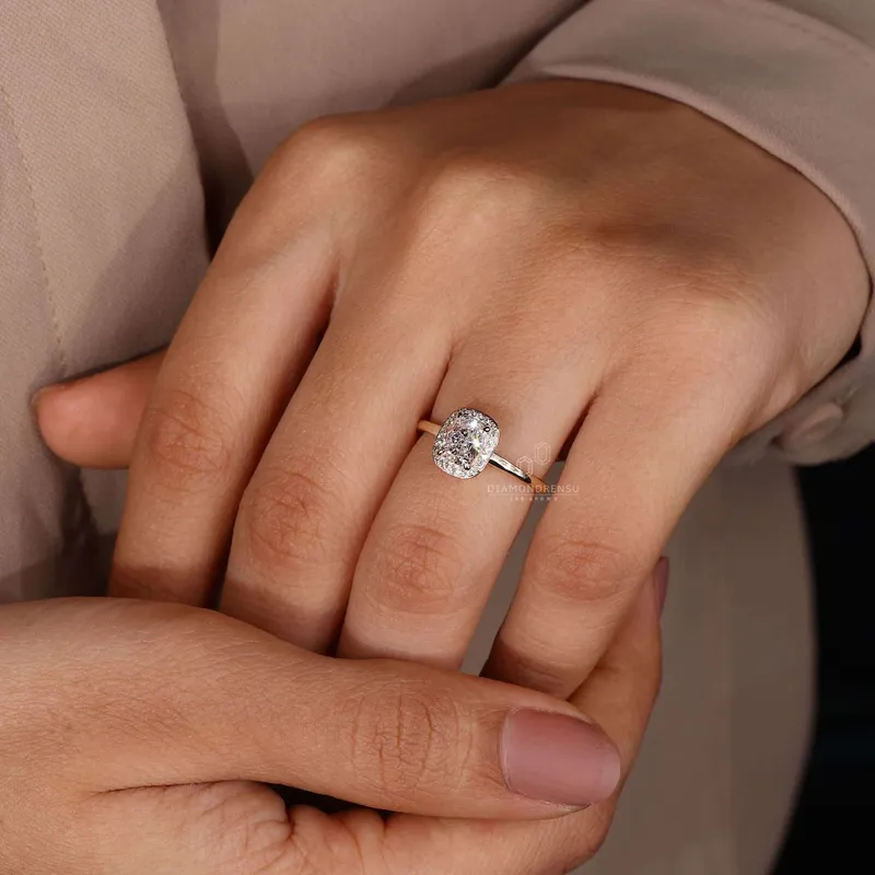 Elongated Cushion Cut Lab Created Diamond Halo Engagement Ring view 3