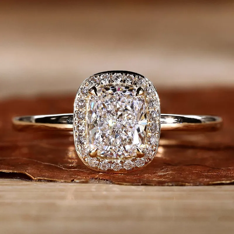 Elongated Cushion Cut Lab Created Diamond Halo Engagement Ring cushion cut engagement ring