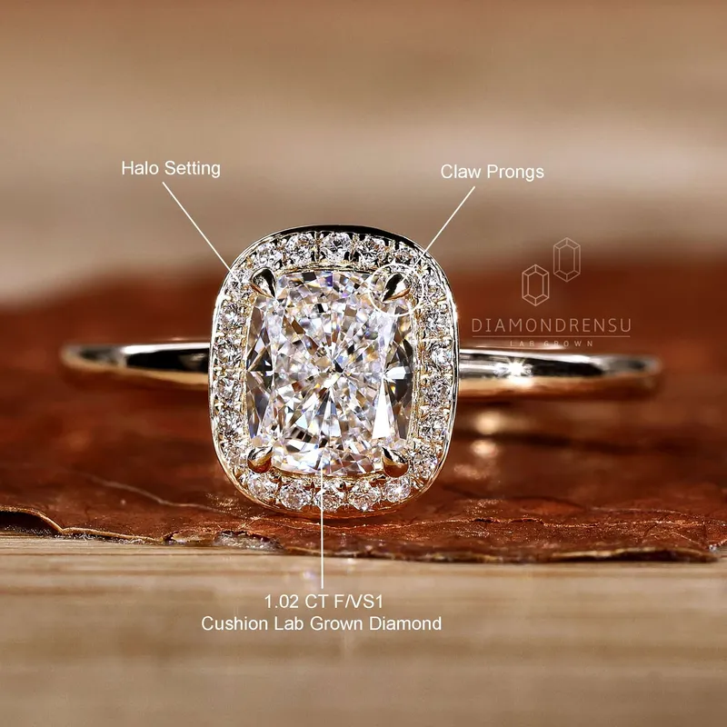 Elongated Cushion Cut Lab Created Diamond Halo Engagement Ring view 9