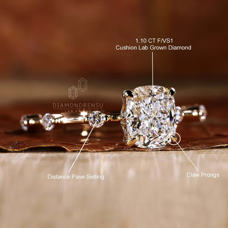 Elongated Cushion Cut Lab Grown Diamond Distance Pave Engagement Ring vy 9