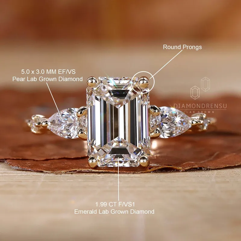 Emerald and Pear Cut Lab Grown Diamond Engagement Ring for Her vy 9