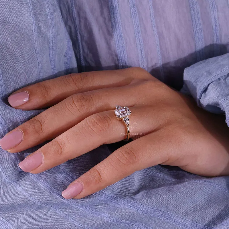 Emerald and Pear Cut Lab Grown Diamond Three Stone Engagement Ring vy 7