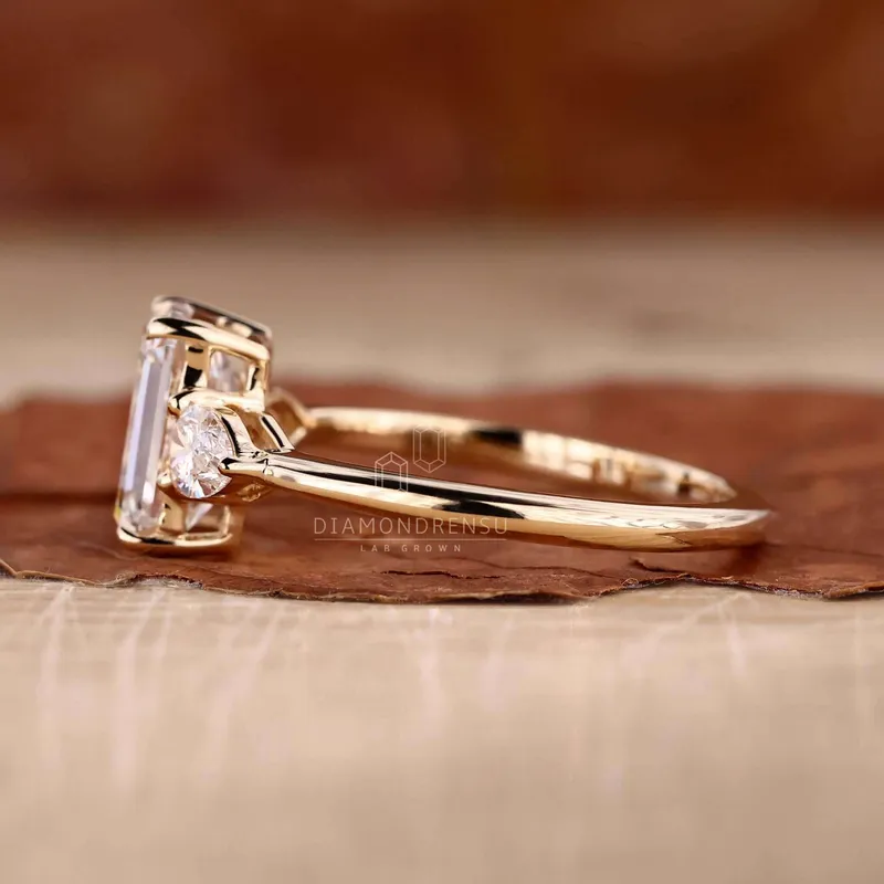 Emerald and Pear Cut Lab Grown Diamond Three Stone Engagement Ring vy 2