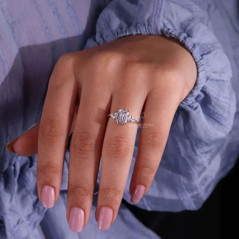 Emerald and Pear Cut Lab Grown Diamond Three Stone Engagement Ring vy 5