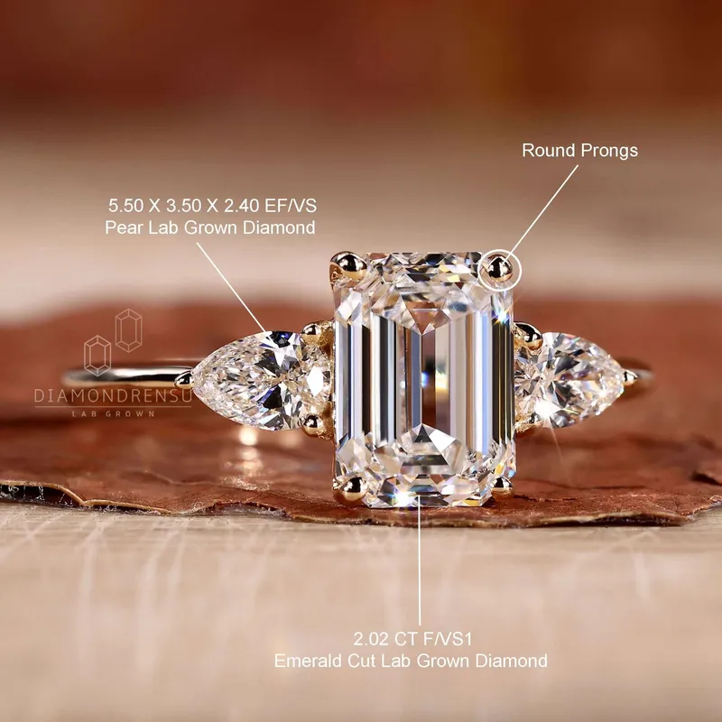 Emerald and Pear Cut Lab Grown Diamond Three Stone Engagement Ring vy 9