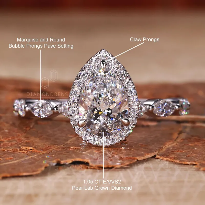 Floating Bubble Pave Set 1.05 CT Pear Cut Lab Grown Diamond Halo Engagement Ring vy 9