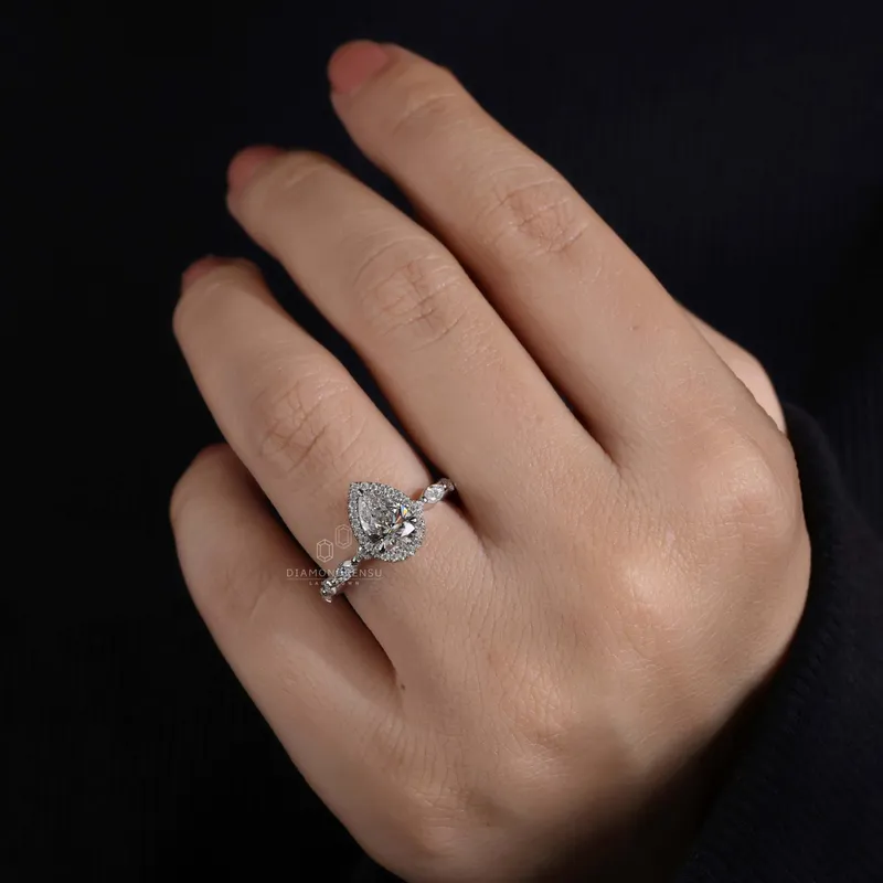 Floating Bubble Pave Set 1.05 CT Pear Cut Lab Grown Diamond Halo Engagement Ring vy 8