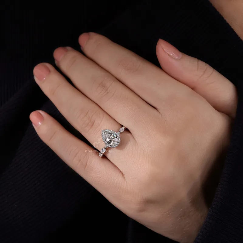 Floating Bubble Pave Set 1.05 CT Pear Cut Lab Grown Diamond Halo Engagement Ring vy 5