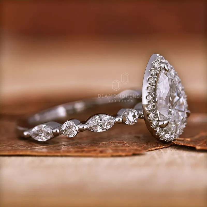 Floating Bubble Pave Set 1.05 CT Pear Cut Lab Grown Diamond Halo Engagement Ring vy 4