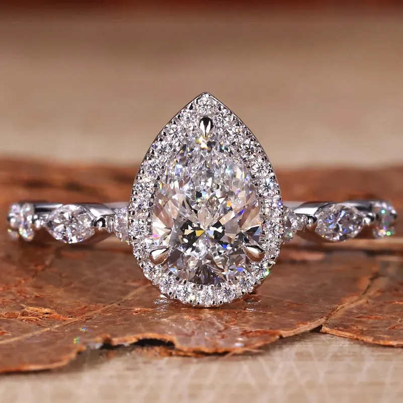 Floating Bubble Pave Set 1.05 CT Pear Cut Lab Grown Diamond Halo Engagement Ring pear cut engagement ring