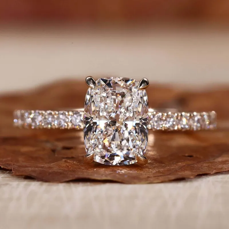 Hidden Halo Engagement Ring, Elongated Cushion Cut Lab Grown Diamond Ring cushion cut engagement ring