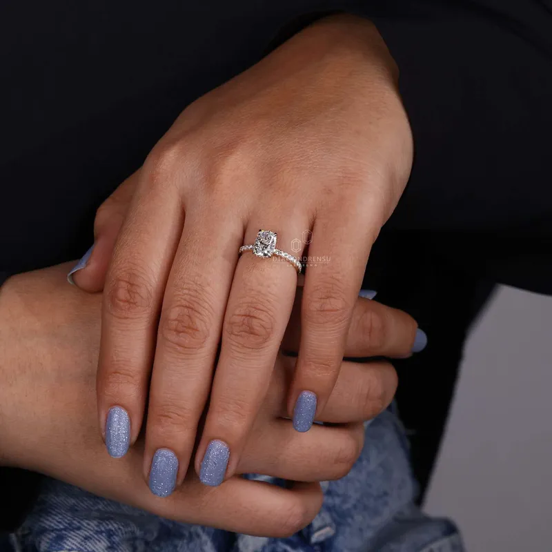 Hidden Halo Engagement Ring, Elongated Cushion Cut Lab Grown Diamond Ring vy 5