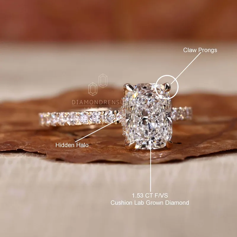 Hidden Halo Engagement Ring, Elongated Cushion Cut Lab Grown Diamond Ring vy 9