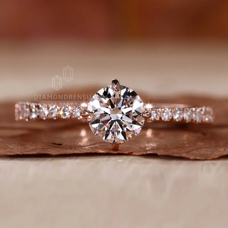 Hidden Halo Engagement Ring, Round Lab Grown Diamond Tapered Band Ring round cut engagement ring