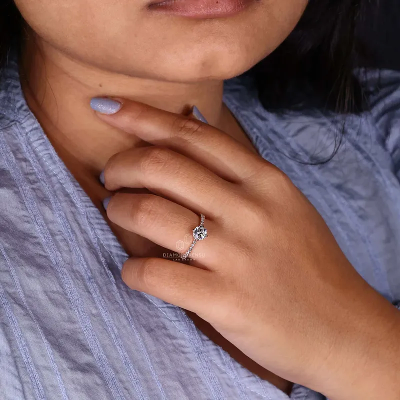 Hidden Halo Engagement Ring, Round Lab Grown Diamond Tapered Band Ring view 7