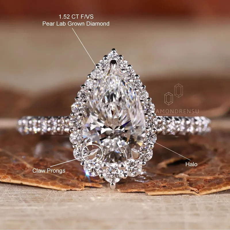 IGI Certified 1.50 CT Pear Cut F/VS Lab Grown Diamond Halo Engagement Ring vy 9