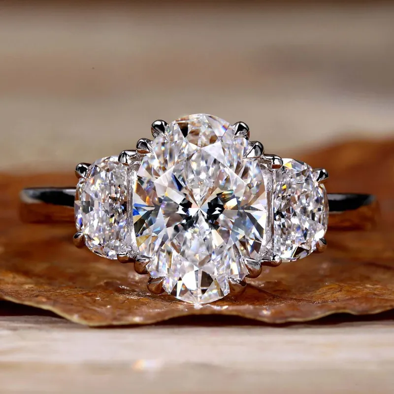 IGI Certified 2.01 CT Oval and Half Moon Lab Grown Diamond Three Stone Engagement Ring oval cut engagement ring