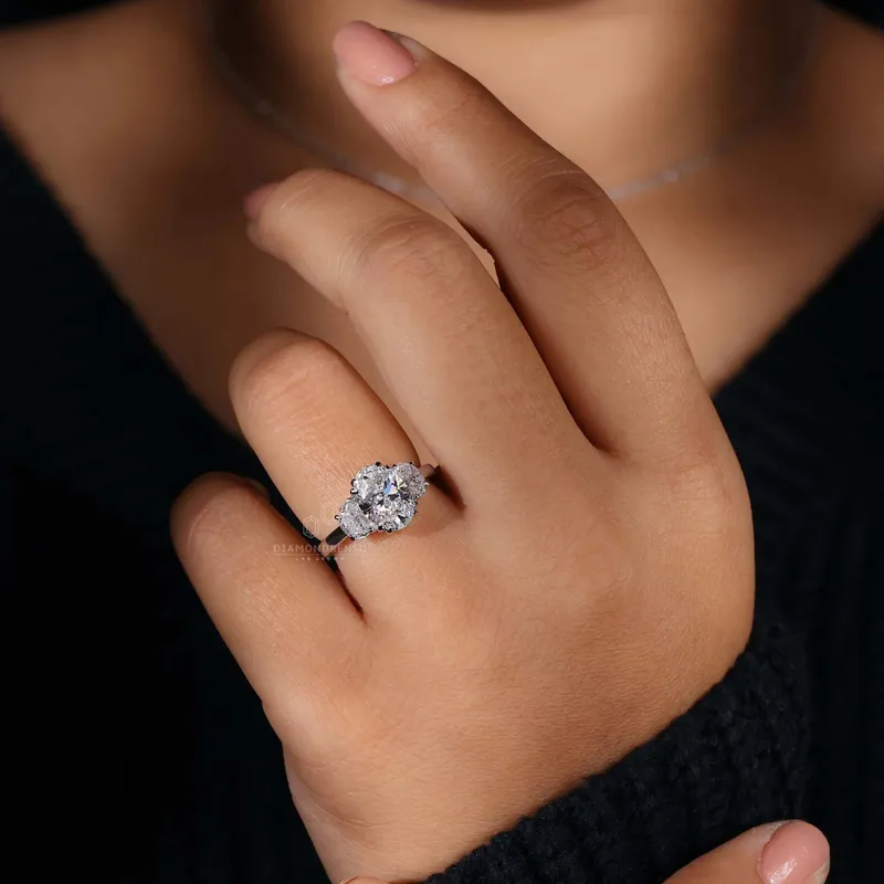 IGI Certified 2.01 CT Oval and Half Moon Lab Grown Diamond Three Stone Engagement Ring view 2