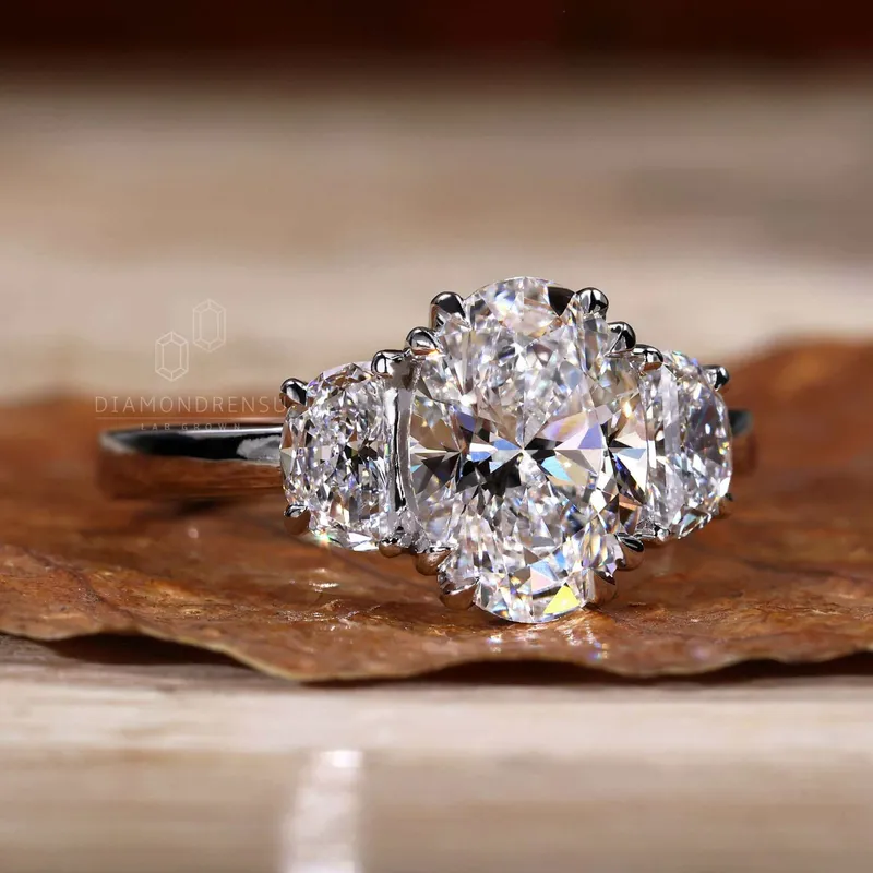 IGI Certified 2.01 CT Oval and Half Moon Lab Grown Diamond Three Stone Engagement Ring view 5