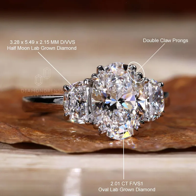 IGI Certified 2.01 CT Oval and Half Moon Lab Grown Diamond Three Stone Engagement Ring view 9