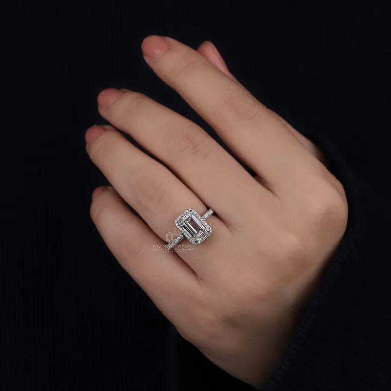 IGI Certified 2.18 CT E/VS1 Emerald Cut Lab Grown Diamond Halo Engagement Ring view 4