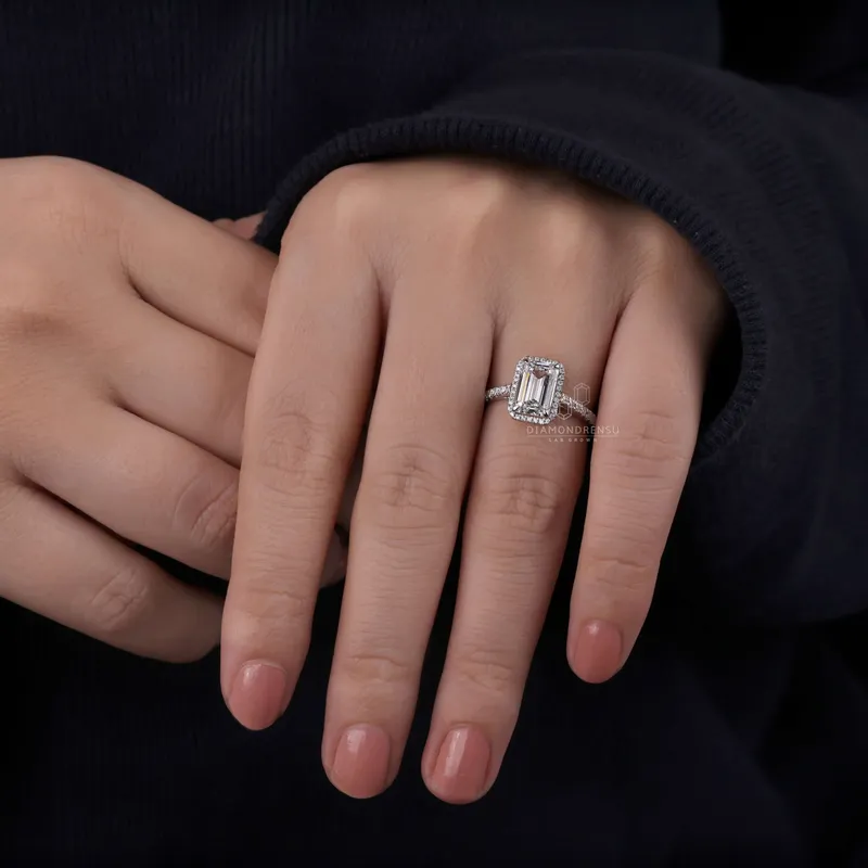 IGI Certified 2.18 CT E/VS1 Emerald Cut Lab Grown Diamond Halo Engagement Ring view 9