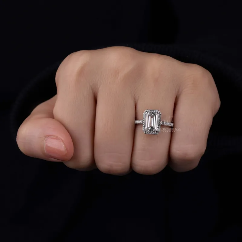 IGI Certified 2.18 CT E/VS1 Emerald Cut Lab Grown Diamond Halo Engagement Ring view 2