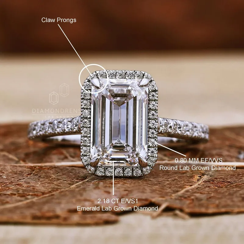 IGI Certified 2.18 CT E/VS1 Emerald Cut Lab Grown Diamond Halo Engagement Ring view 10