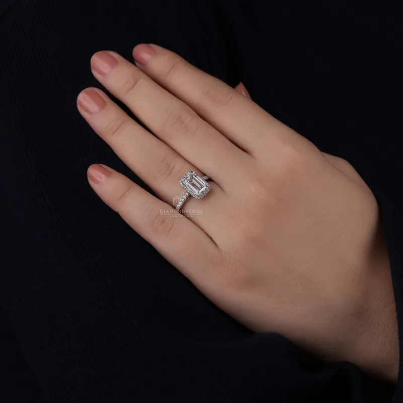 IGI Certified 2.18 CT E/VS1 Emerald Cut Lab Grown Diamond Halo Engagement Ring view 7
