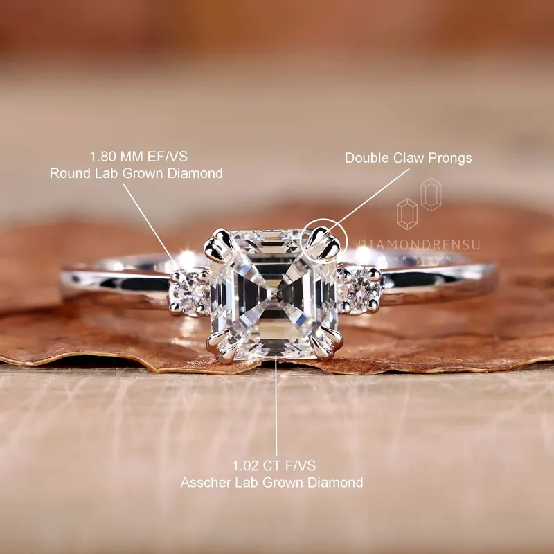 IGI Certified Asscher Lab Grown Diamond Three Stones Engagement Ring view 9