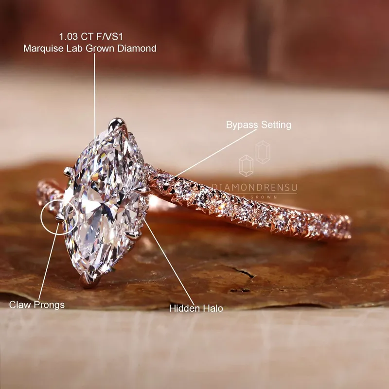 Marquise Cut Lab Grown Diamond Unique Pave Engagement Ring view 9