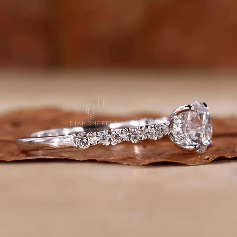 Marquise Pave Round Lab Grown Diamond Engagement Ring, Hidden Halo vy 3